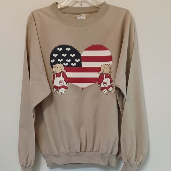 Quitman USA Patriotic Heart w Two Bunnies Graphic Tan Banded Bottom Pullover  XL - Picture 1 of 10